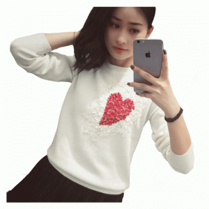 Ladies Heavy Handwork Sequin Appliques Heart Knitted Sweater Pullover 2018