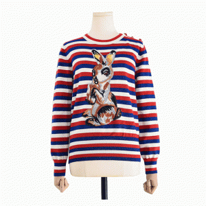 100% Cotton Sweater Stripe Jacquard Rabbit Patch Knitwear Women