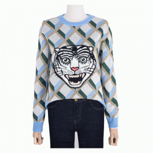 New Arrival Tiger Head Jacquard Tops Ladies Winter Fall Sweater Pullover