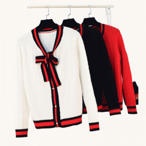 Wholesale Cardigan Striped Edges with Butterfly Knot Ladies Autumn Winter Sweater
