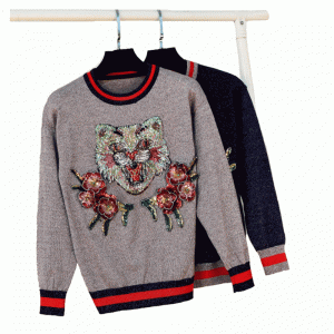 Handmade Sequined Appliques and Flowers Knitted Pullover Sweater for Women