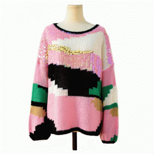 2019 Handmade Sewed Sequin Appliques Fall Winter Mohair Pullover Sweater