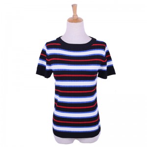 Summer Thin Mutiful Stripes Ladies Short Sleeve Pullover Sweater