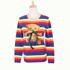 Custom ODM Teddy Bear Intarsia Rainbow Strips Women Cloth Pullover Sweater