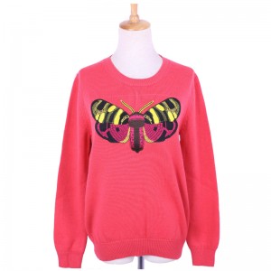 Custom Sewed Butterfly Patch Woolen Knit Sweater Jumper For Ladies