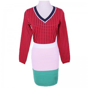 2018 Office Ladies Girls Assorted Color Grid Jacquard Twinset Sweater Dress