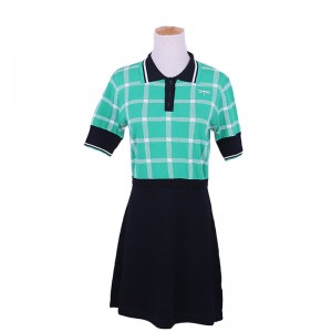 Custom Design Short Sleeve Polo Collar Contrast Colors Plaids Office Ladies Knit Sweater Dress