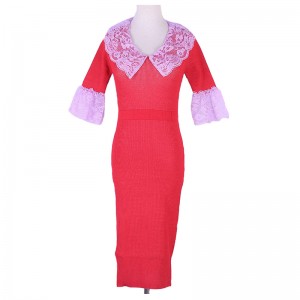 Customized Summer Short Flare Sleeve Lace Braids Ladies Pencil Sweater Knit Dress