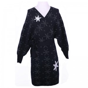 2018 Warm Snowflake Rhinestone Appliques Ladies Slash Cardigan Knitted Dress