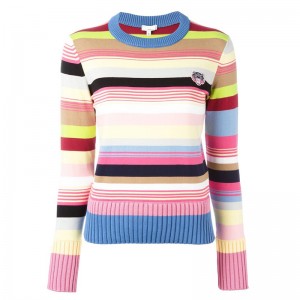 Customized Ladies Wool Blend Multi Color Stripes Crew Neck Knit Sweater