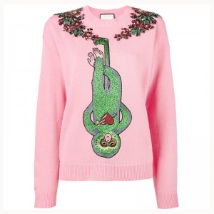 Ladies Funny Monkey Beaded Appliques Decorated Sweaters Crew Neck Pullover